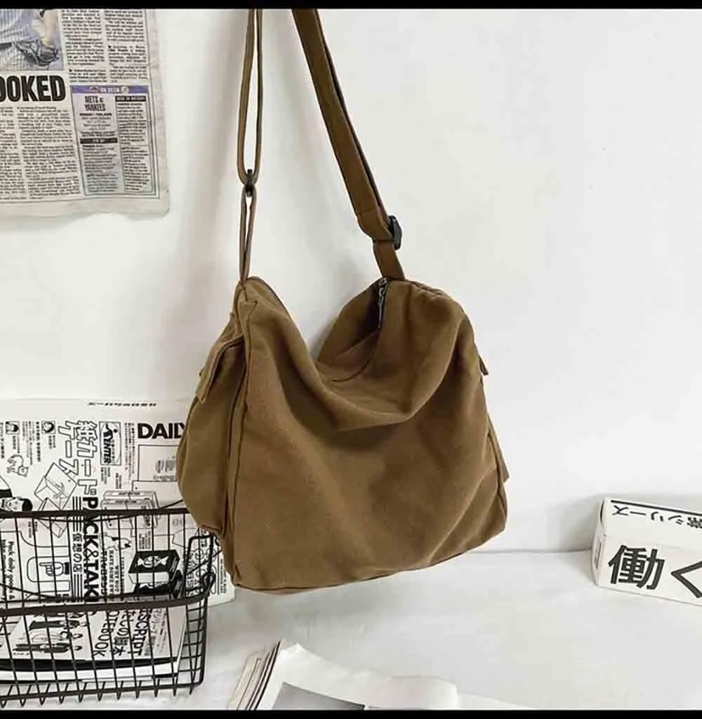 Japanese Literary Style Canvas Solid Color Shoulder Bag Harajuku Crossbody Bag ins Canvas Bag (brown)