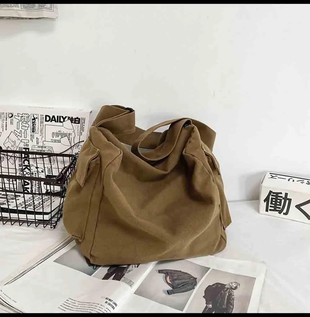Japanese Literary Style Canvas Solid Color Shoulder Bag Harajuku Crossbody Bag ins Canvas Bag (brown)