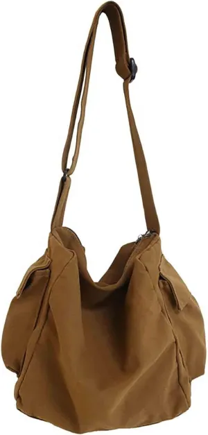 Japanese Literary Style Canvas Solid Color Shoulder Bag Harajuku Crossbody Bag ins Canvas Bag (brown)