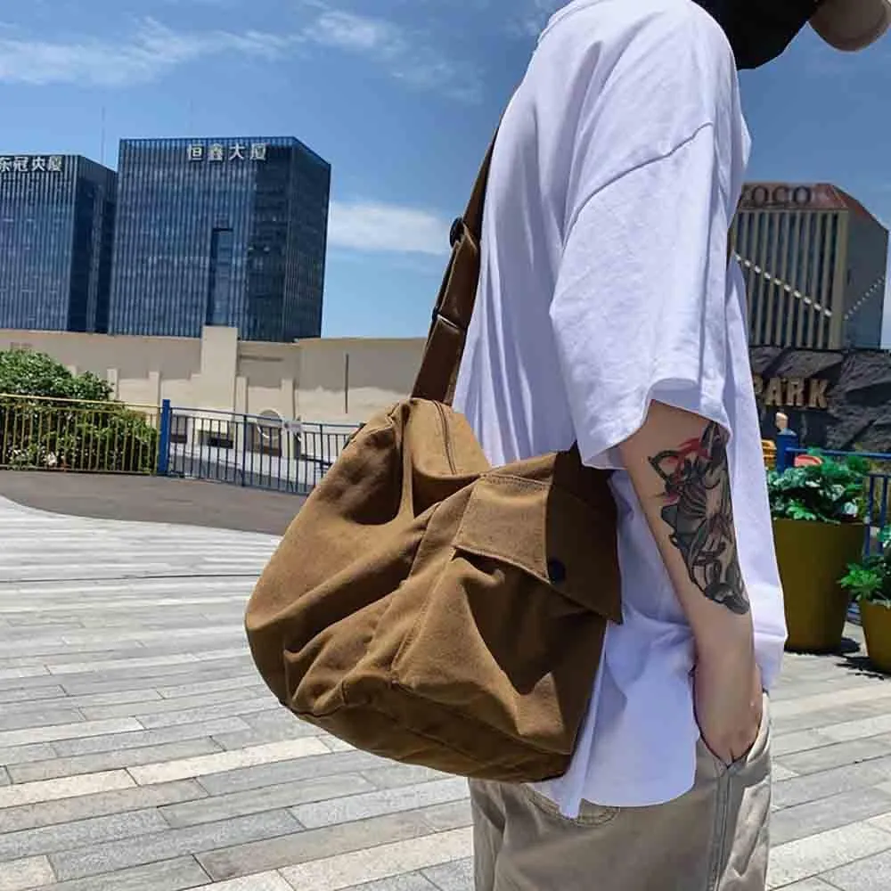 Japanese Literary Style Canvas Solid Color Shoulder Bag Harajuku Crossbody Bag ins Canvas Bag (brown)