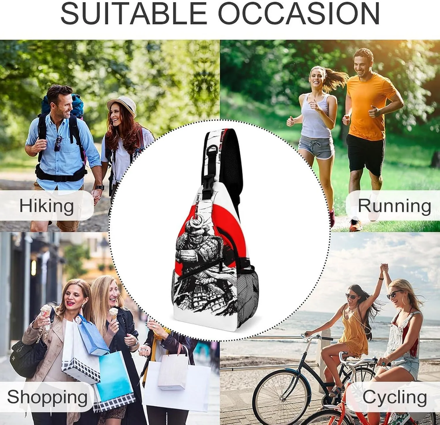 Japanese Samurai Art Sling Bag for Women Men Crossbody Shoulder Bag with Anti Theft,Multipurpose Chest Bag for Travel,Hiking,Cycling,Camping