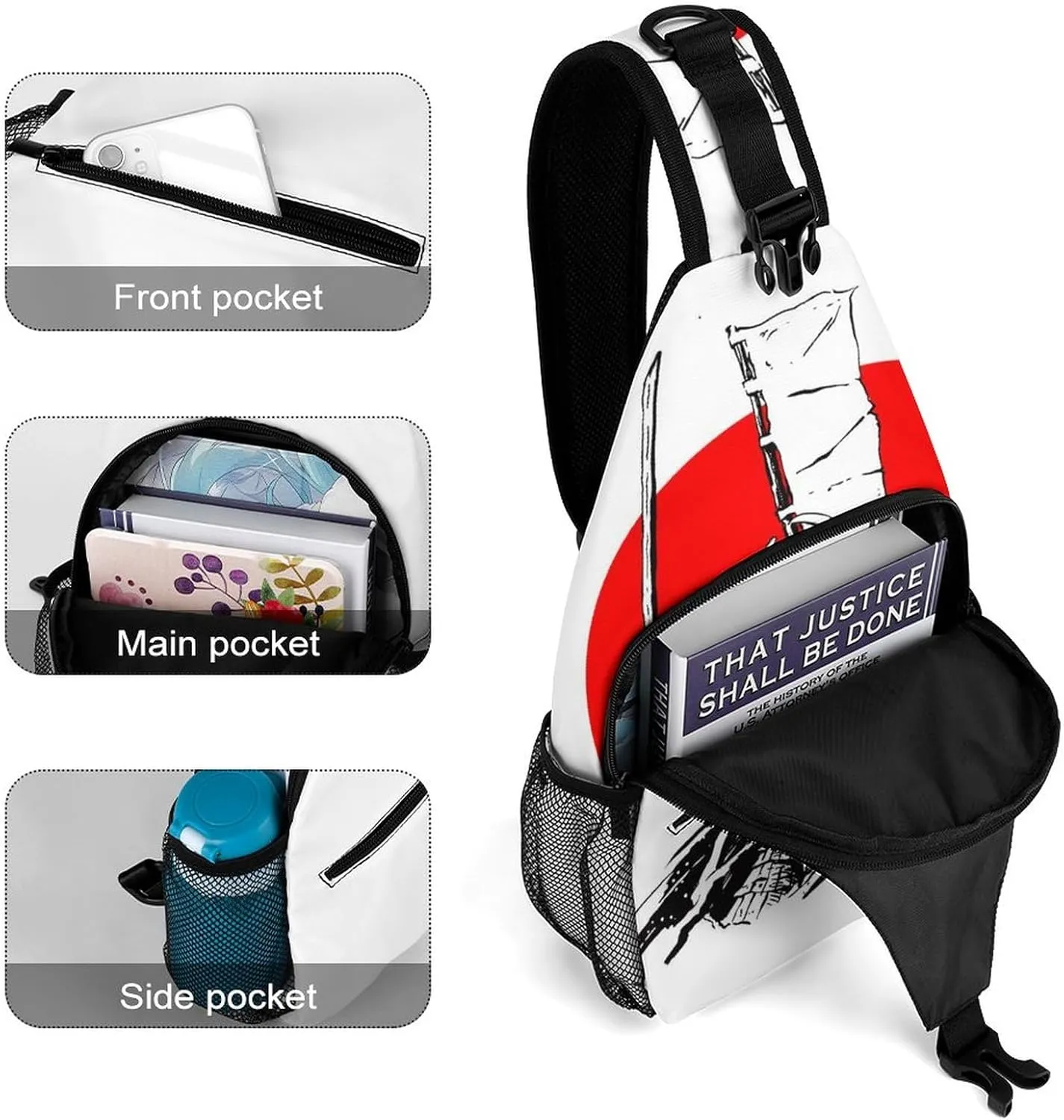 Japanese Samurai Art Sling Bag for Women Men Crossbody Shoulder Bag with Anti Theft,Multipurpose Chest Bag for Travel,Hiking,Cycling,Camping