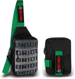 JDM Bride Racing Backpack Brown Bottom with Bride Adjustable Straps, Gradation Crossbody Shoulder Daypack (Recaro-Green Strap)