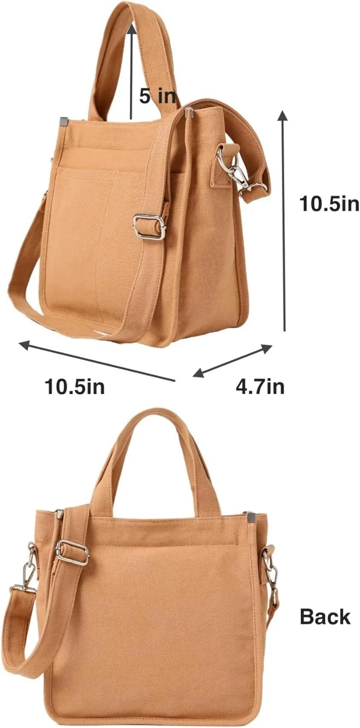 Jeelow Small Canvas Tote Handbag Shoulder Crossbody Bag Purse With Zipper & Pockets For Men & Women