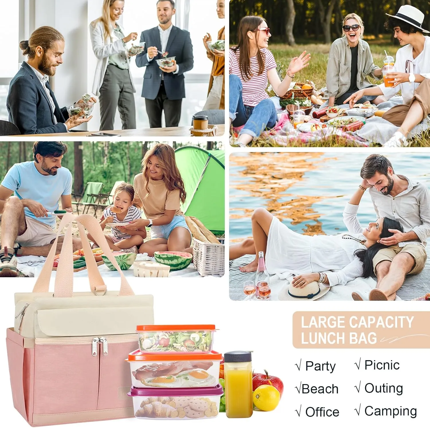 Joymee Lunch Box for Women Insulated Lunch Bag with Shoulder Strap Reusable Leakproof Large Spacious Lunch Cooler Tote for Women Adult with Bottle Holder and Side Pockets for Work Picnic - Pink