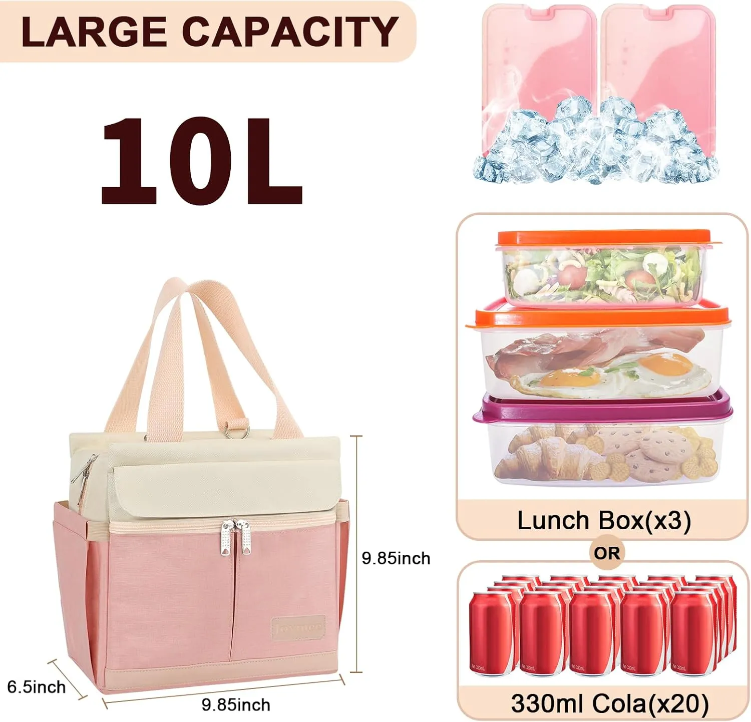 Joymee Lunch Box for Women Insulated Lunch Bag with Shoulder Strap Reusable Leakproof Large Spacious Lunch Cooler Tote for Women Adult with Bottle Holder and Side Pockets for Work Picnic - Pink
