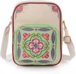 Jursccu Canvas Embroidery Cross Body Bag for Woman Phone Purse - Lightweight & Stylish Small Shoulder Bag for Everyday Use