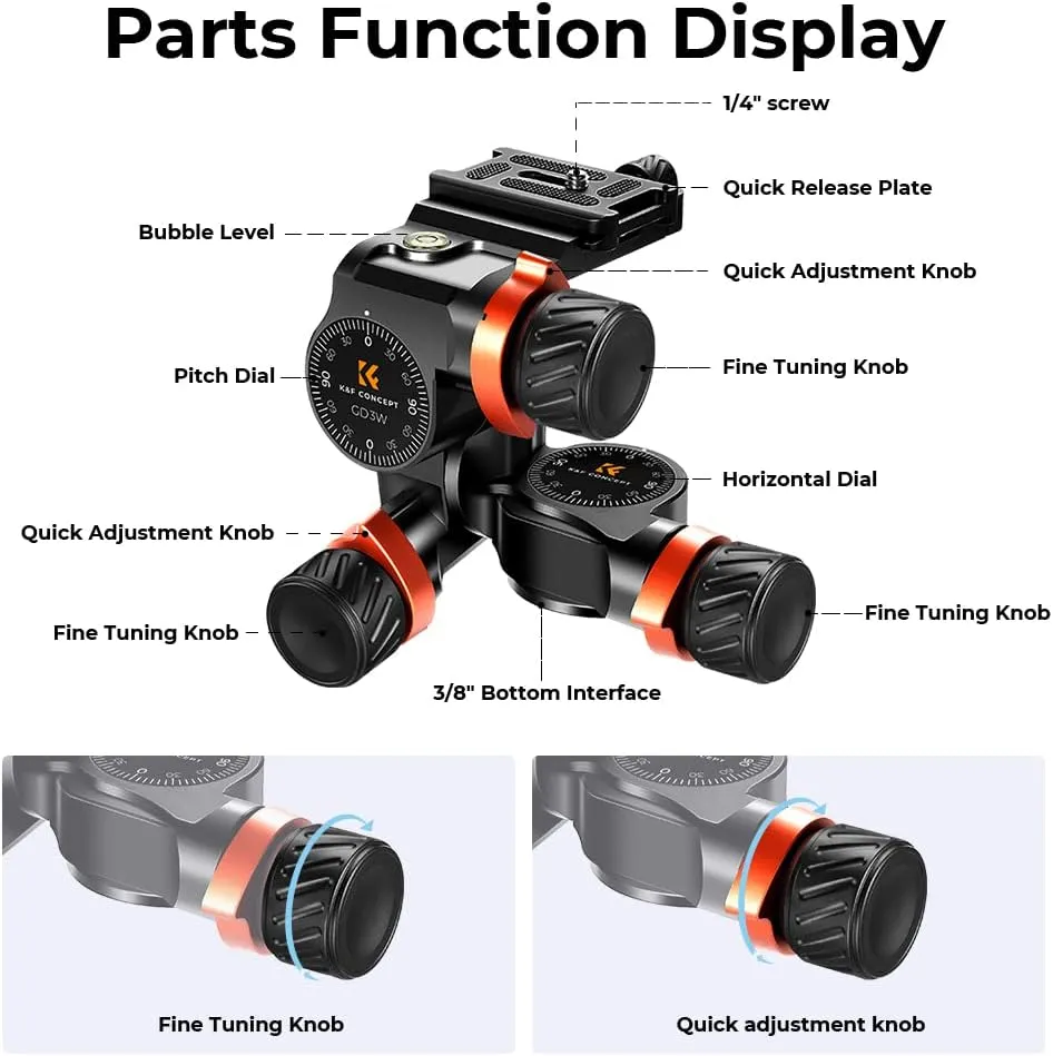 K&F Concept 3-Way Geared Tripod Head, Millimeter Micro-Adjustment, Full CNC Aluminum Alloy Tripod Head, Maximum Load Capacity of 6kg for Star Shooting, Commercial Photography, etc.