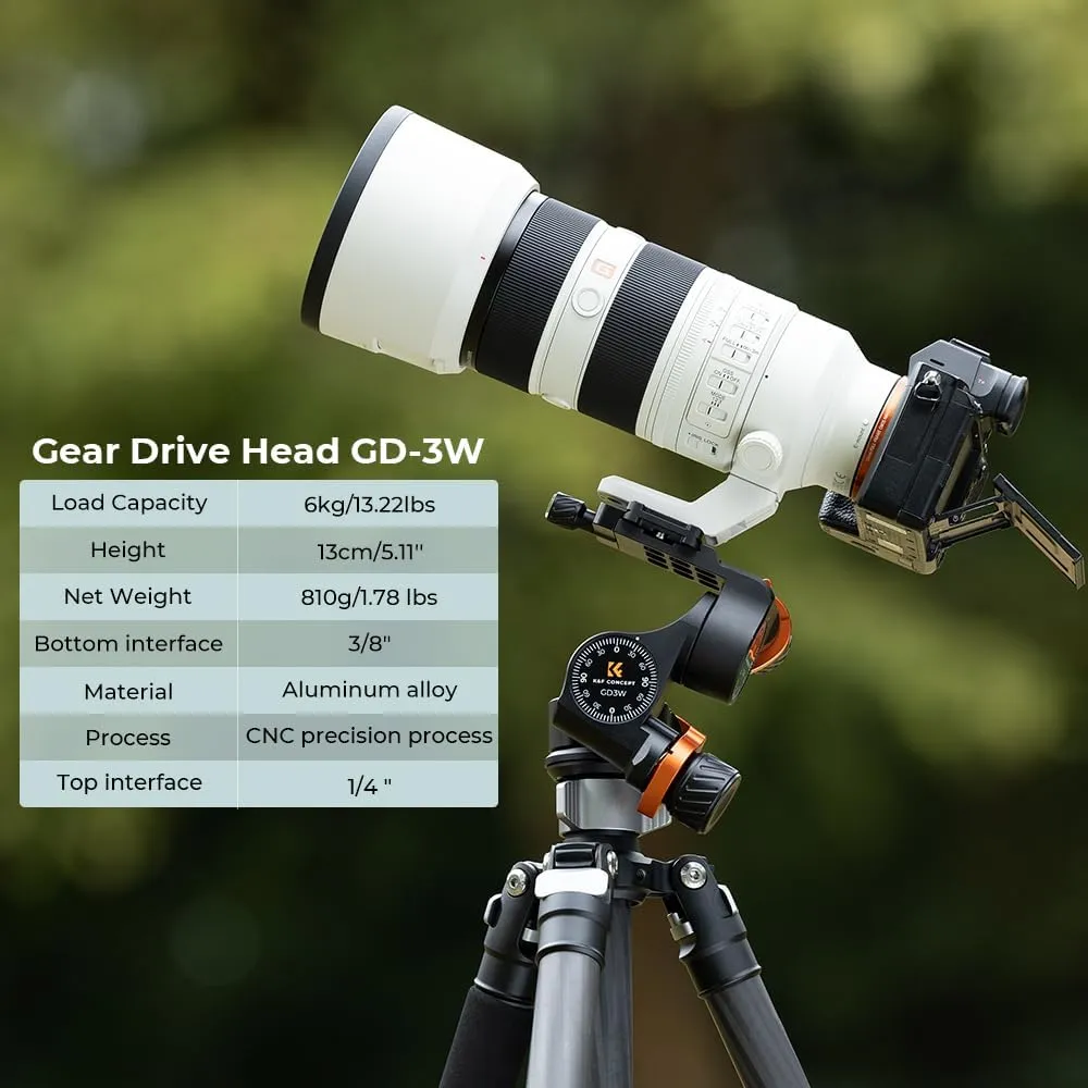 K&F Concept 3-Way Geared Tripod Head, Millimeter Micro-Adjustment, Full CNC Aluminum Alloy Tripod Head, Maximum Load Capacity of 6kg for Star Shooting, Commercial Photography, etc.