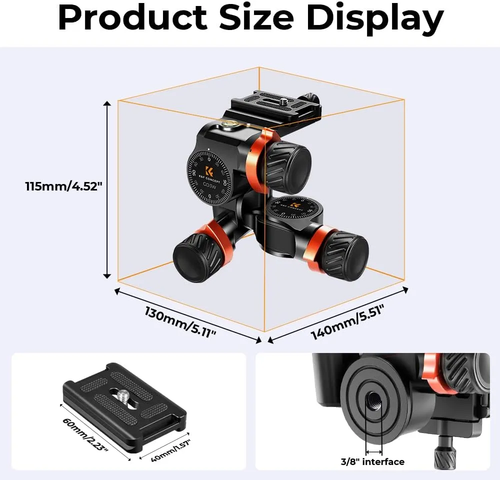 K&F Concept 3-Way Geared Tripod Head, Millimeter Micro-Adjustment, Full CNC Aluminum Alloy Tripod Head, Maximum Load Capacity of 6kg for Star Shooting, Commercial Photography, etc.