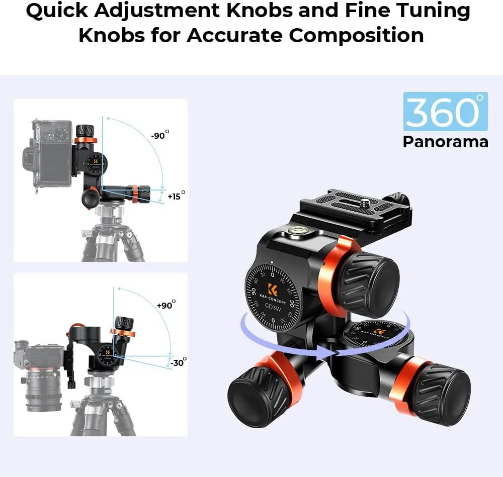 K&F Concept 3-Way Geared Tripod Head, Millimeter Micro-Adjustment, Full CNC Aluminum Alloy Tripod Head, Maximum Load Capacity of 6kg for Star Shooting, Commercial Photography, etc.