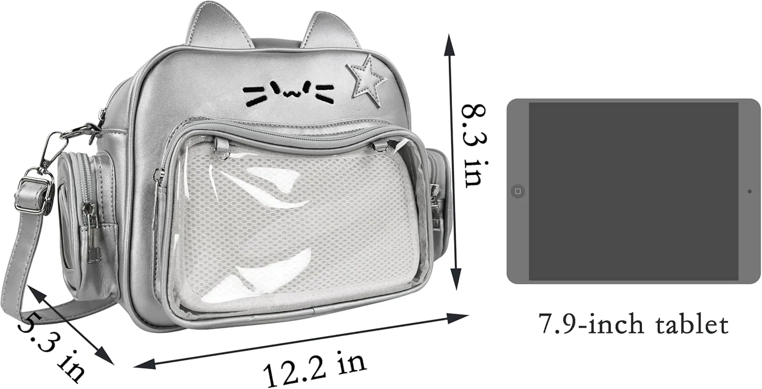 Kawaii Ita Bag Cat Backpack Y2k Girl Japanese School Bag Anime Shoulder Crossbody with Pin Display (Silver)
