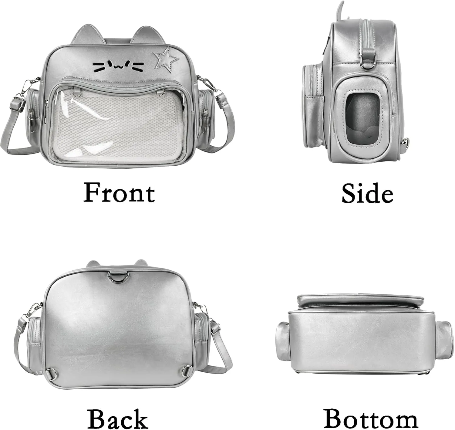 Kawaii Ita Bag Cat Backpack Y2k Girl Japanese School Bag Anime Shoulder Crossbody with Pin Display (Silver)