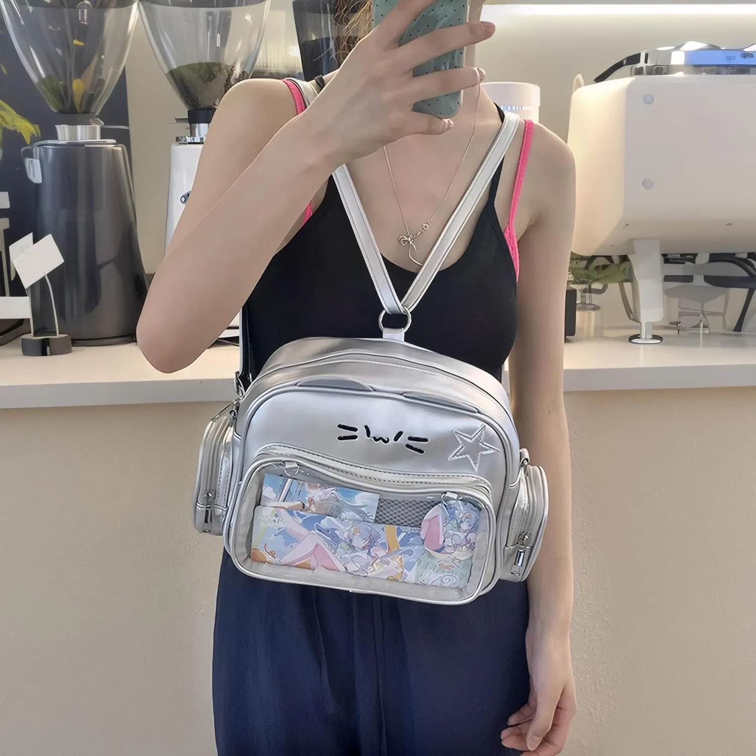 Kawaii Ita Bag Cat Backpack Y2k Girl Japanese School Bag Anime Shoulder Crossbody with Pin Display (Silver)
