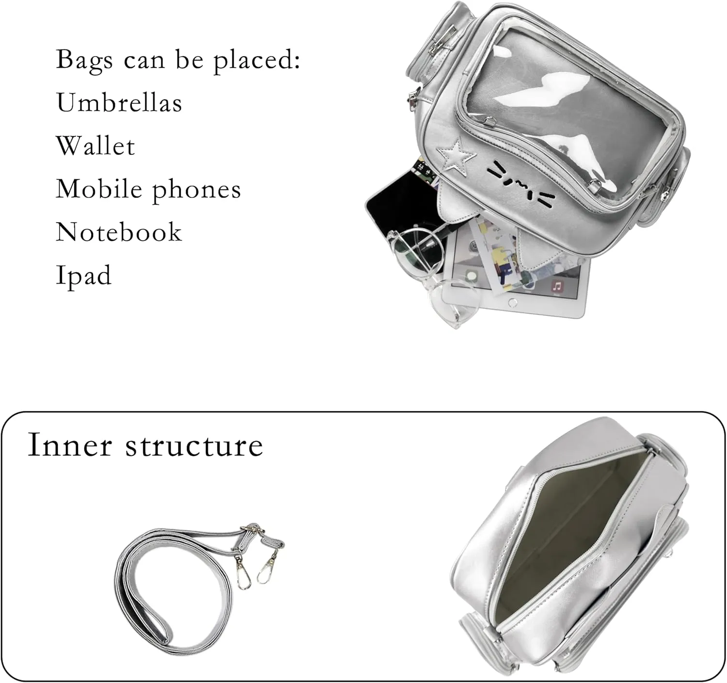 Kawaii Ita Bag Cat Backpack Y2k Girl Japanese School Bag Anime Shoulder Crossbody with Pin Display (Silver)