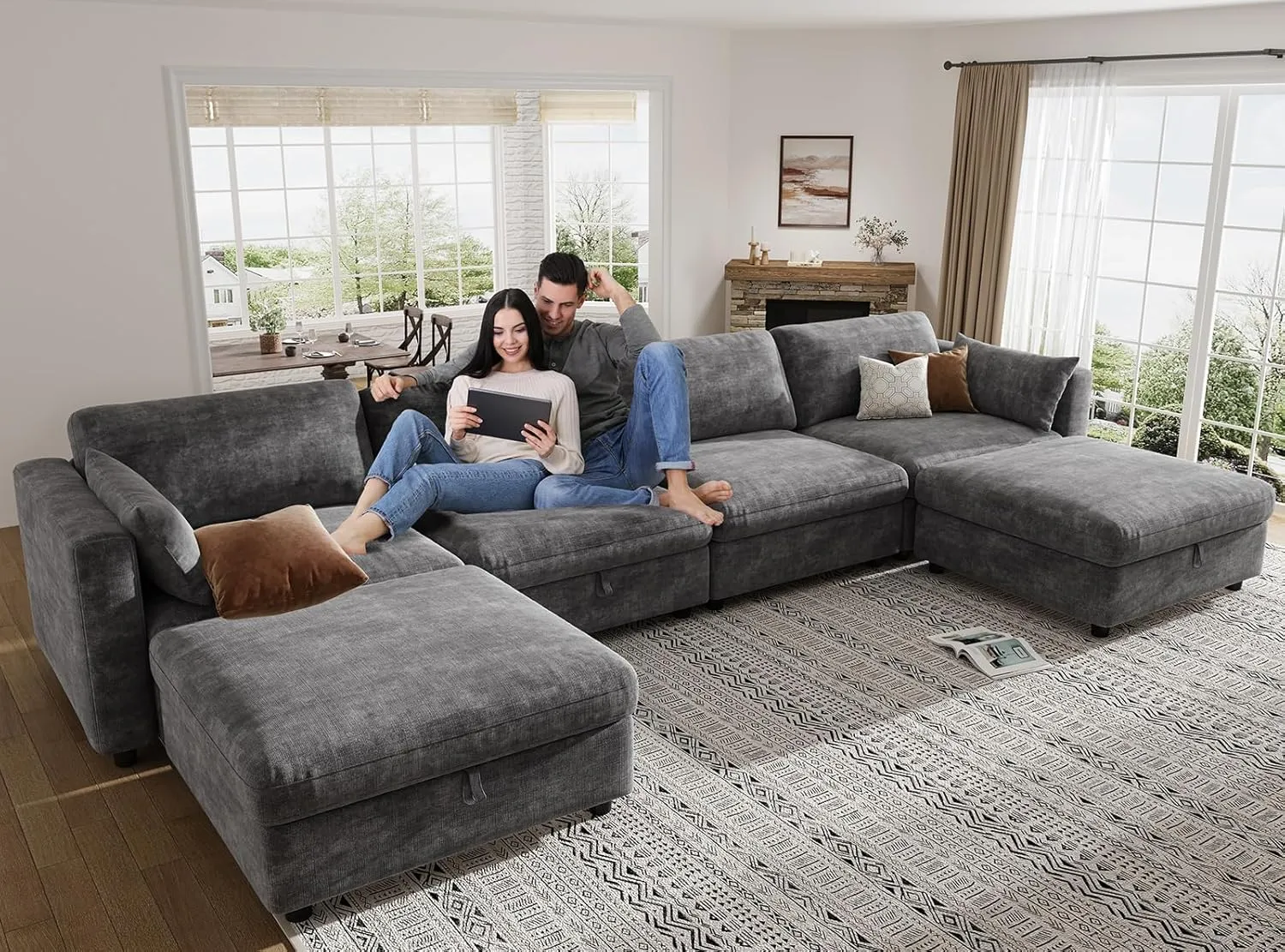 KKL Modular Sectional Sofa Couches for Living Room, U Shaped Sofa Couch with Adjustable Backrest, 4 Seater Sofa Couch with Convertible Ottoman and Comfy Cushion, Chenille, Grey