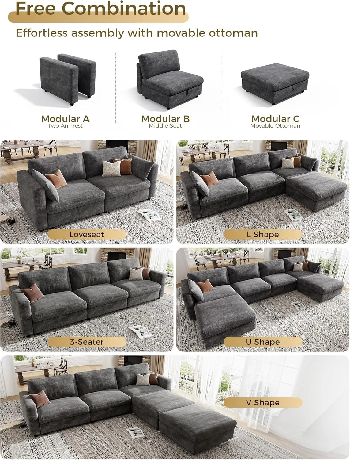 KKL Modular Sectional Sofa Couches for Living Room, U Shaped Sofa Couch with Adjustable Backrest, 4 Seater Sofa Couch with Convertible Ottoman and Comfy Cushion, Chenille, Grey