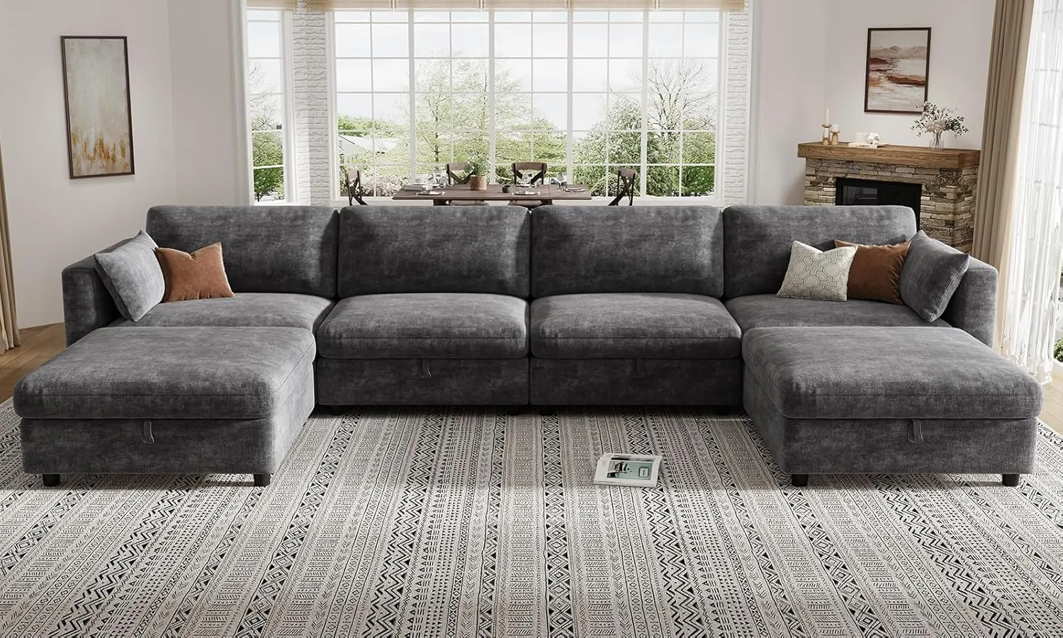 KKL Modular Sectional Sofa Couches for Living Room, U Shaped Sofa Couch with Adjustable Backrest, 4 Seater Sofa Couch with Convertible Ottoman and Comfy Cushion, Chenille, Grey