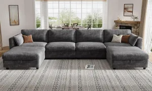 KKL Modular Sectional Sofa Couches for Living Room, U Shaped Sofa Couch with Adjustable Backrest, 4 Seater Sofa Couch with Convertible Ottoman and Comfy Cushion, Chenille, Grey