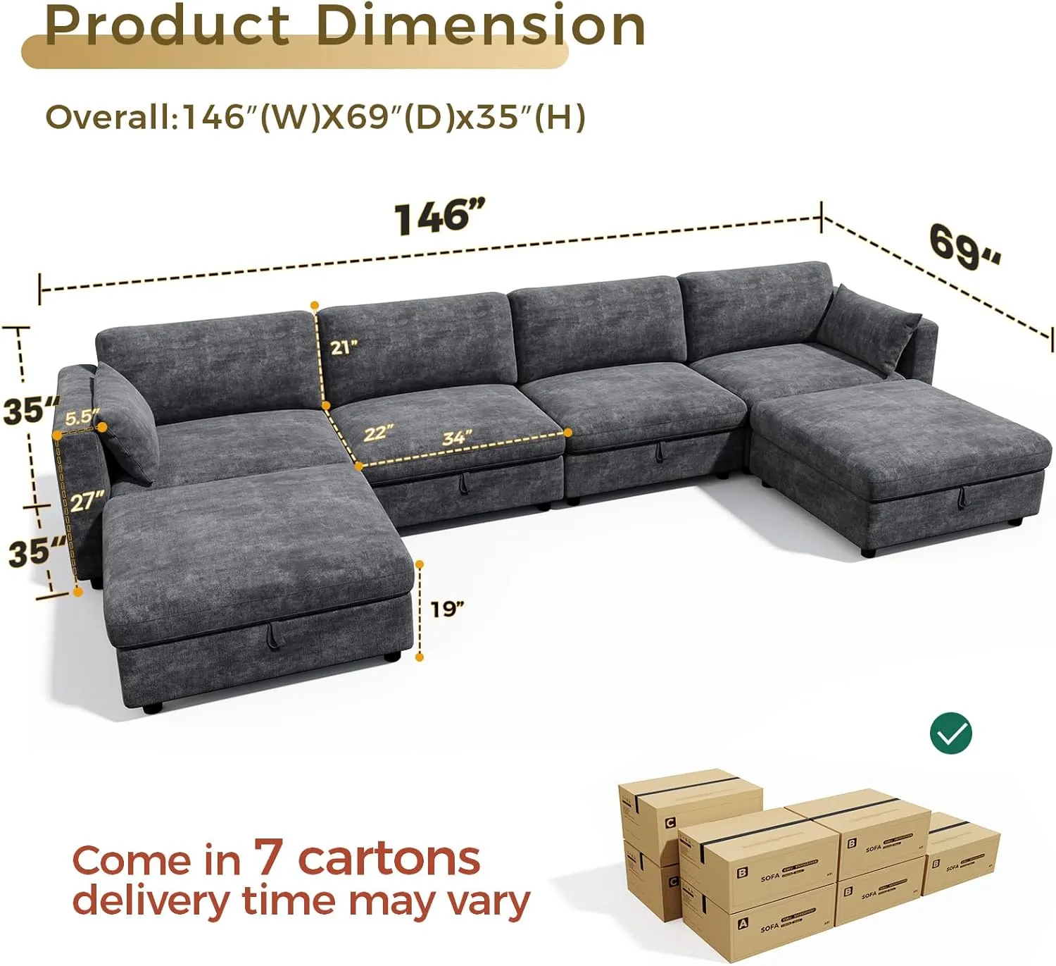 KKL Modular Sectional Sofa Couches for Living Room, U Shaped Sofa Couch with Adjustable Backrest, 4 Seater Sofa Couch with Convertible Ottoman and Comfy Cushion, Chenille, Grey