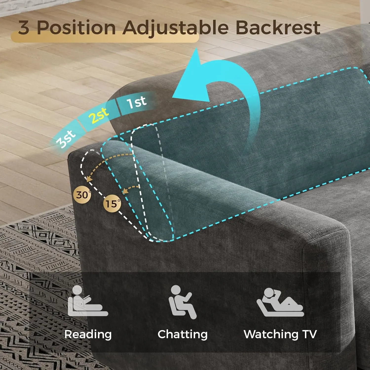 KKL Modular Sectional Sofa Couches for Living Room, U Shaped Sofa Couch with Adjustable Backrest, 4 Seater Sofa Couch with Convertible Ottoman and Comfy Cushion, Chenille, Grey