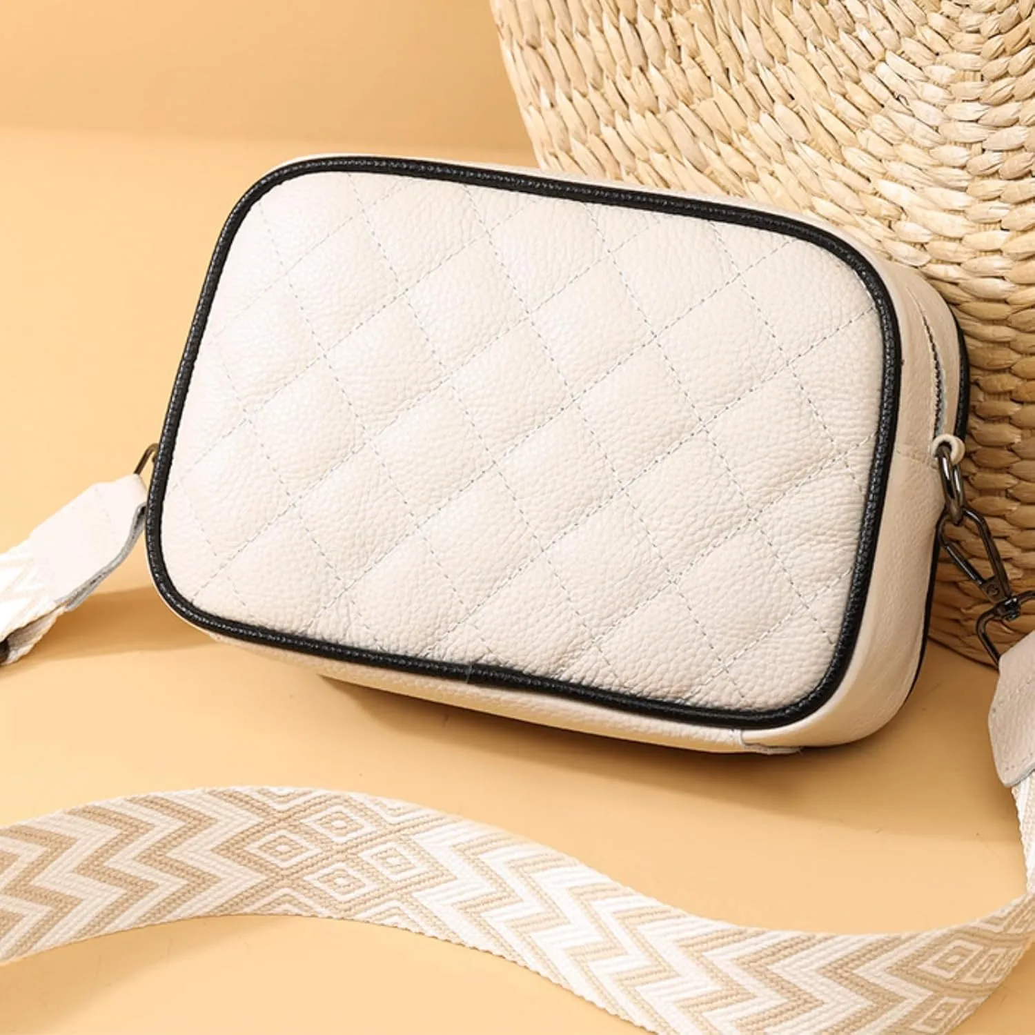 Leather Crossbody Bag for Women, Small Purse Shoulder Bag with Wide Strap, Zipper Pocket, Crossbody Handbag for Women