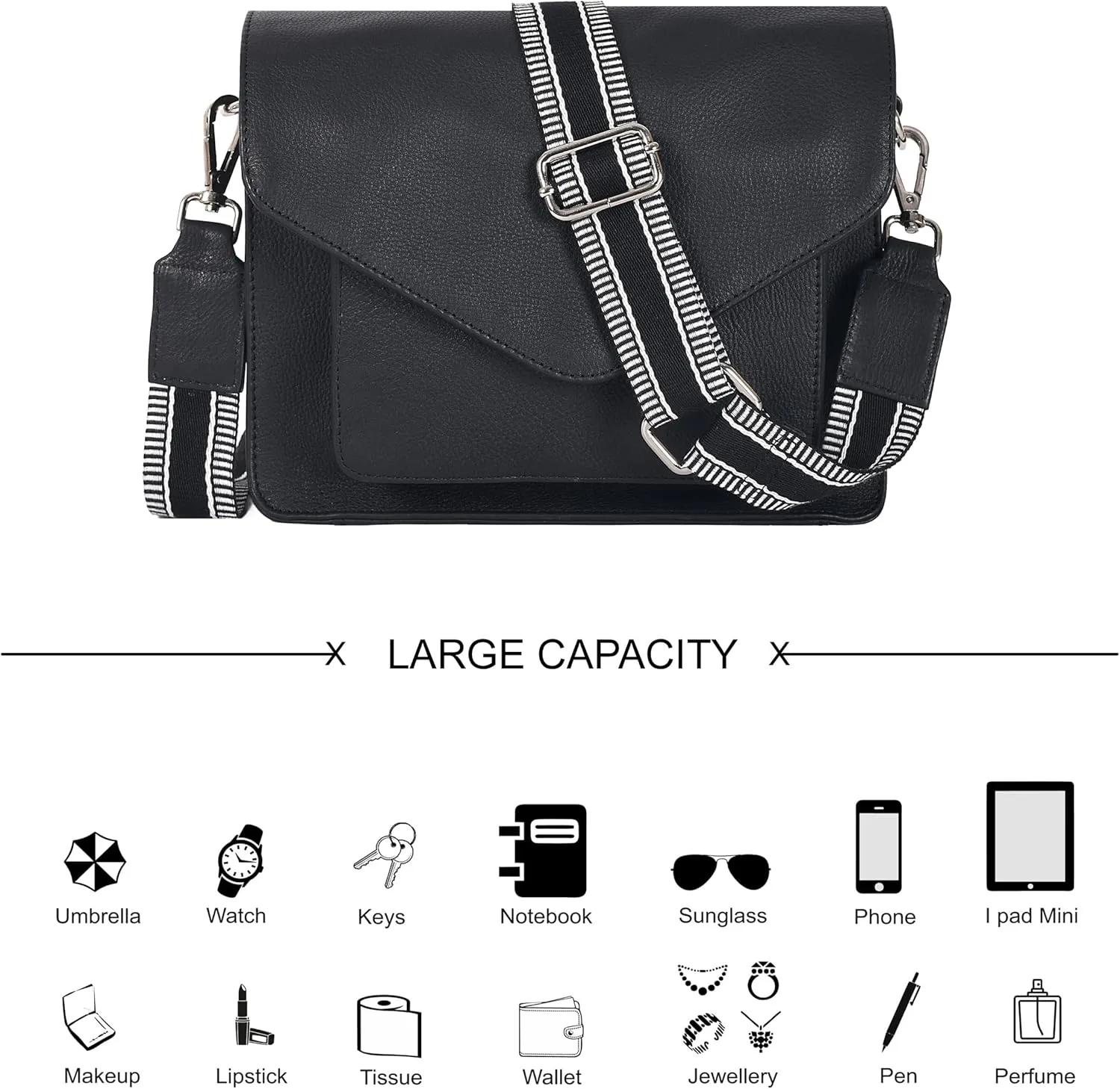 Leather Flapover Crossbody Handbag Purse for Women with Adjustable Strap & Overflap Snap Closure Tote/Bag