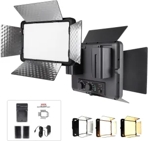 LED Video Light with Barn Door, 4400mAh Rechargeable Battery×2, 3200-6500K CRI 96  Adjustable Panel Light for Outdoor Photography/Live Broadcast Shooting/Indoor Recording Fill Light/Video Conferencing