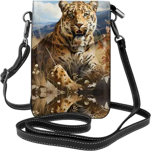 Leopard in search of prey Lightweight leather crossbody phone bag, women's shoulder bag cell phone wallet, travel bag with credit card slots,