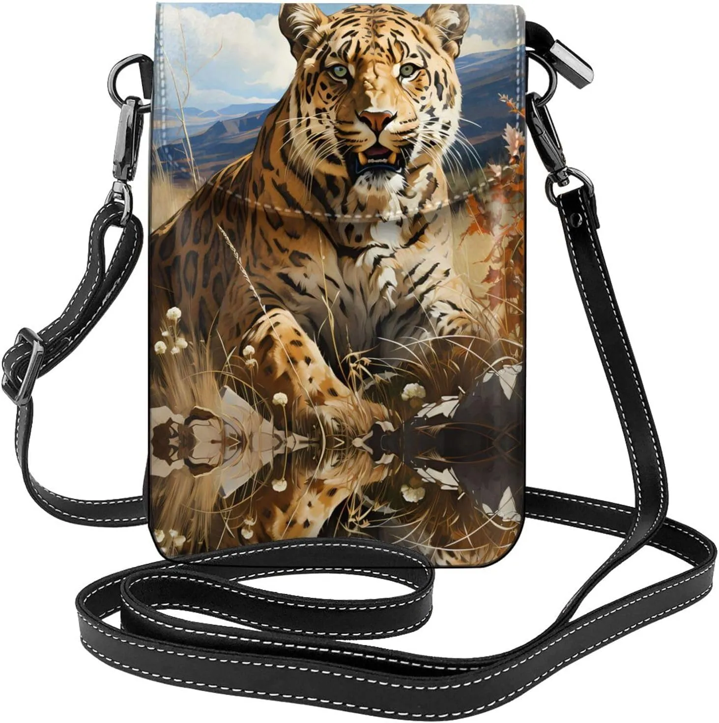 Leopard in search of prey Lightweight leather crossbody phone bag, women's shoulder bag cell phone wallet, travel bag with credit card slots,