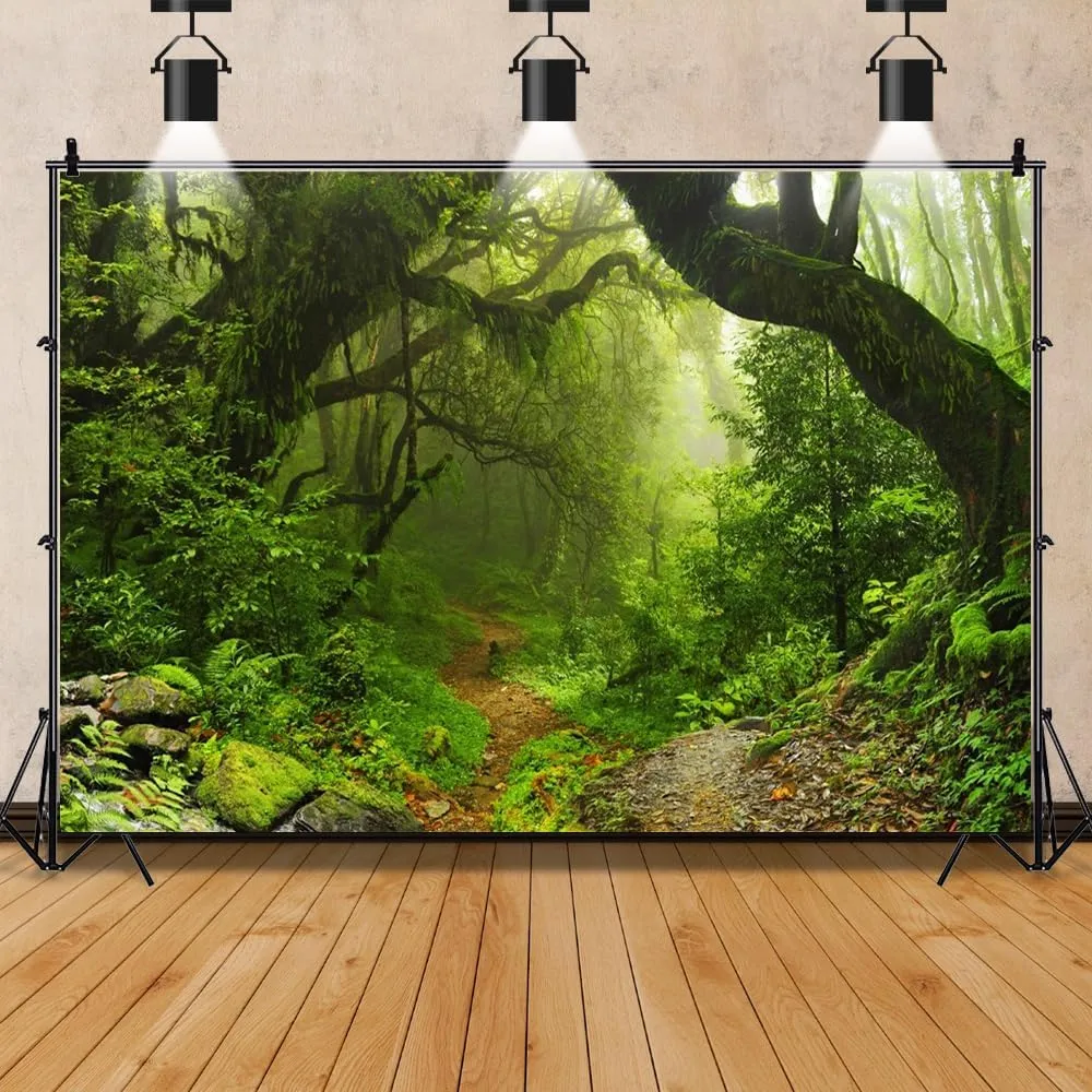 Leowefowa 10x8ft Vinyl Green Enchanted Forest Backdrop Jungle Woods Jungle Woods Dirt Road Scenery Background Camping Hiking Adventure Theme Baby Shower Birthday Party Decor Photo Props