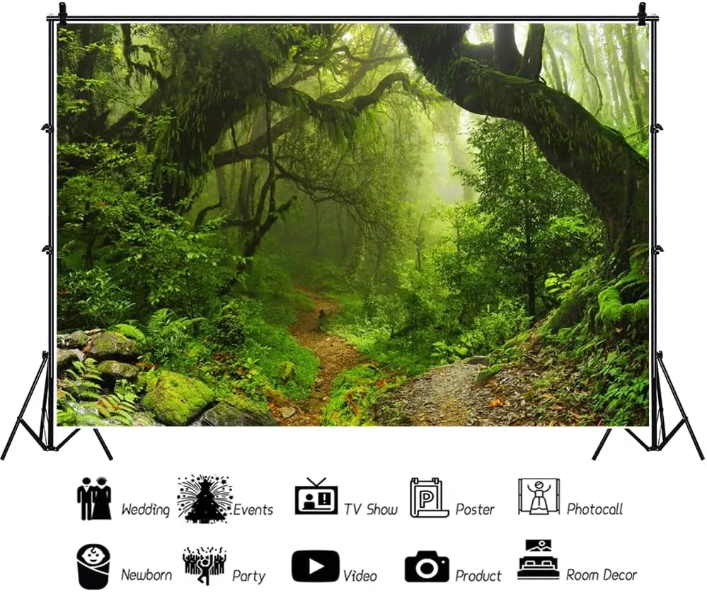 Leowefowa 10x8ft Vinyl Green Enchanted Forest Backdrop Jungle Woods Jungle Woods Dirt Road Scenery Background Camping Hiking Adventure Theme Baby Shower Birthday Party Decor Photo Props