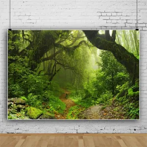 Leowefowa 10x8ft Vinyl Green Enchanted Forest Backdrop Jungle Woods Jungle Woods Dirt Road Scenery Background Camping Hiking Adventure Theme Baby Shower Birthday Party Decor Photo Props