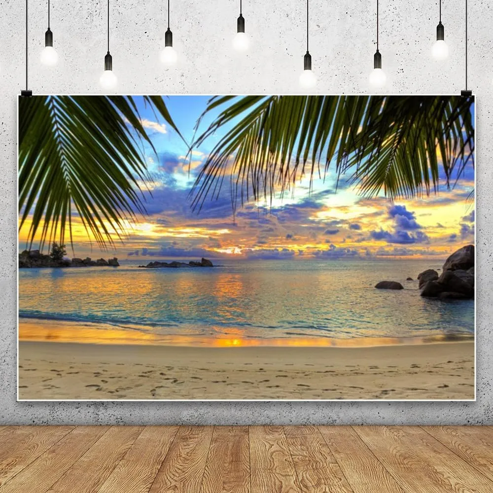 Leowefowa Tropical Sea Beach Backdrop 10x8ft Vinyl Summer Hawaiian Luau Beach Palm Trees Photography Background Kids Adults 1st Birthday Baby Shower Bridal Shower Party Banner Photo Studio Props