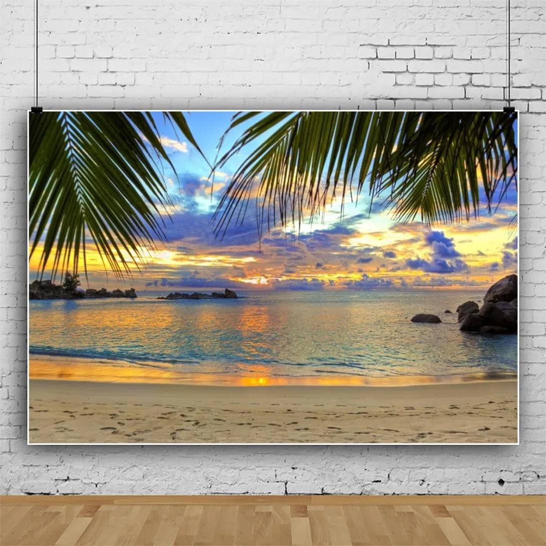 Leowefowa Tropical Sea Beach Backdrop 10x8ft Vinyl Summer Hawaiian Luau Beach Palm Trees Photography Background Kids Adults 1st Birthday Baby Shower Bridal Shower Party Banner Photo Studio Props