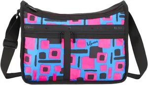 LeSportsac Floating Squares Deluxe Everyday Crossbody Bag   Cosmetic Bag, Style 7507/Color E795, Japanese Artist Gaku Exclusive, Artsy & Energetic, Hot Pink & Black Floating Squares, Turquoise Bag