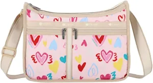 LeSportsac Hand Drawn Hearts Deluxe Everyday Crossbody Bag   Cosmetic Bag, Style 7507/Color E783, Playful & Colorful Freehand Style Modern Hearts, Whimsical & Abstract Design, 2 Tone Strap/Trim