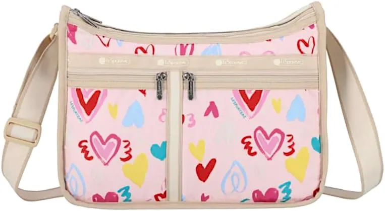 LeSportsac Hand Drawn Hearts Deluxe Everyday Crossbody Bag   Cosmetic Bag, Style 7507/Color E783, Playful & Colorful Freehand Style Modern Hearts, Whimsical & Abstract Design, 2 Tone Strap/Trim