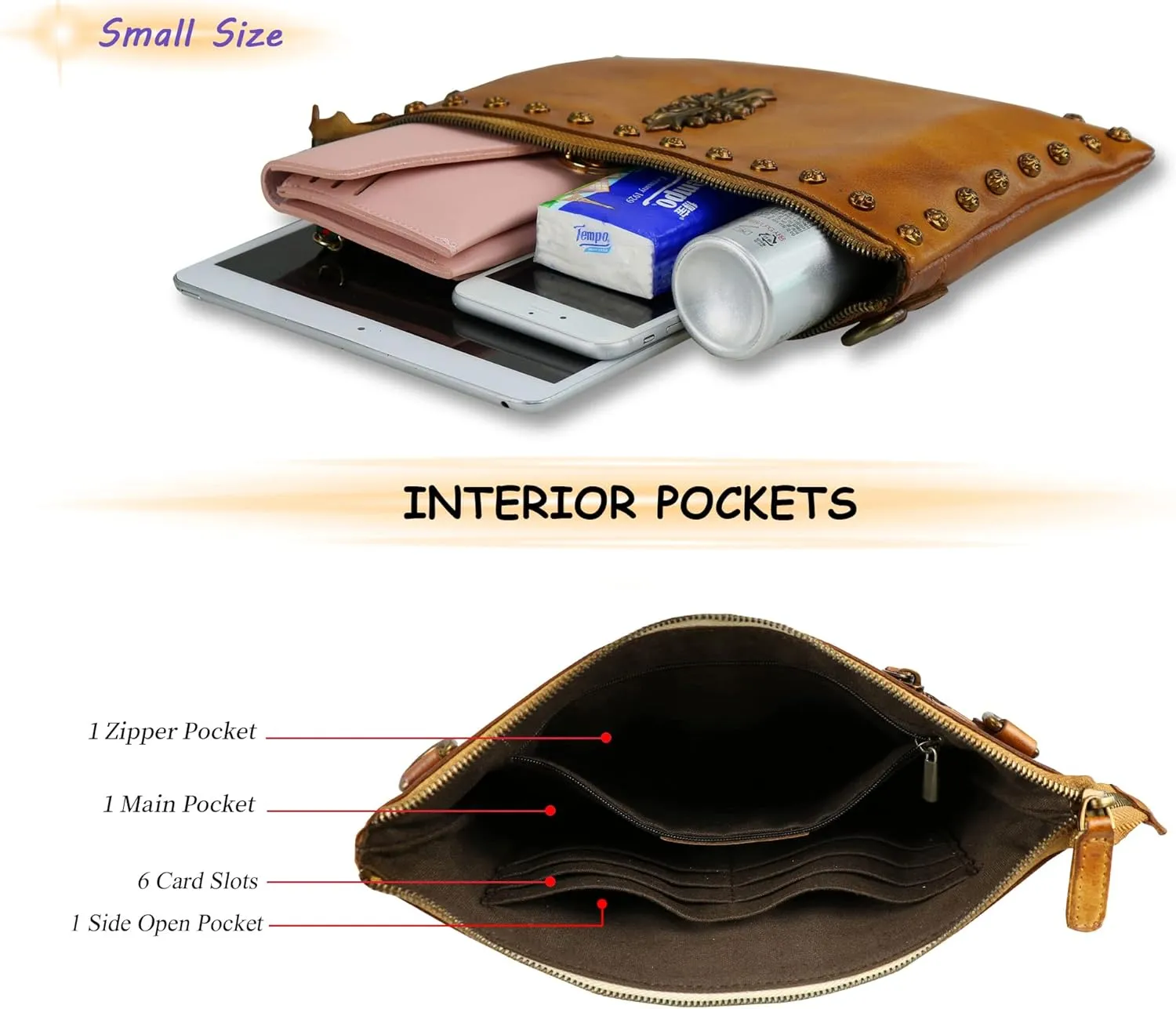 LETEULO Womens Crossbody Bag Leather Handmade Shoulder Bag Clutch Wristlet Handbags Purse