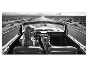 Let's Go 24x12 Unframed Poster–Black & White Desert Road Trip Photography featuring Convertible Car, Woman & Coyote, Vintage Americana Scenic Drive Wall Art for Living Room, Boho,Desert & Studio Décor