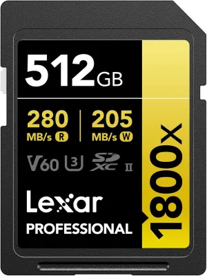 Lexar 512GB Professional 1800x UHS-II SDXC Memory Card (Gold Series)