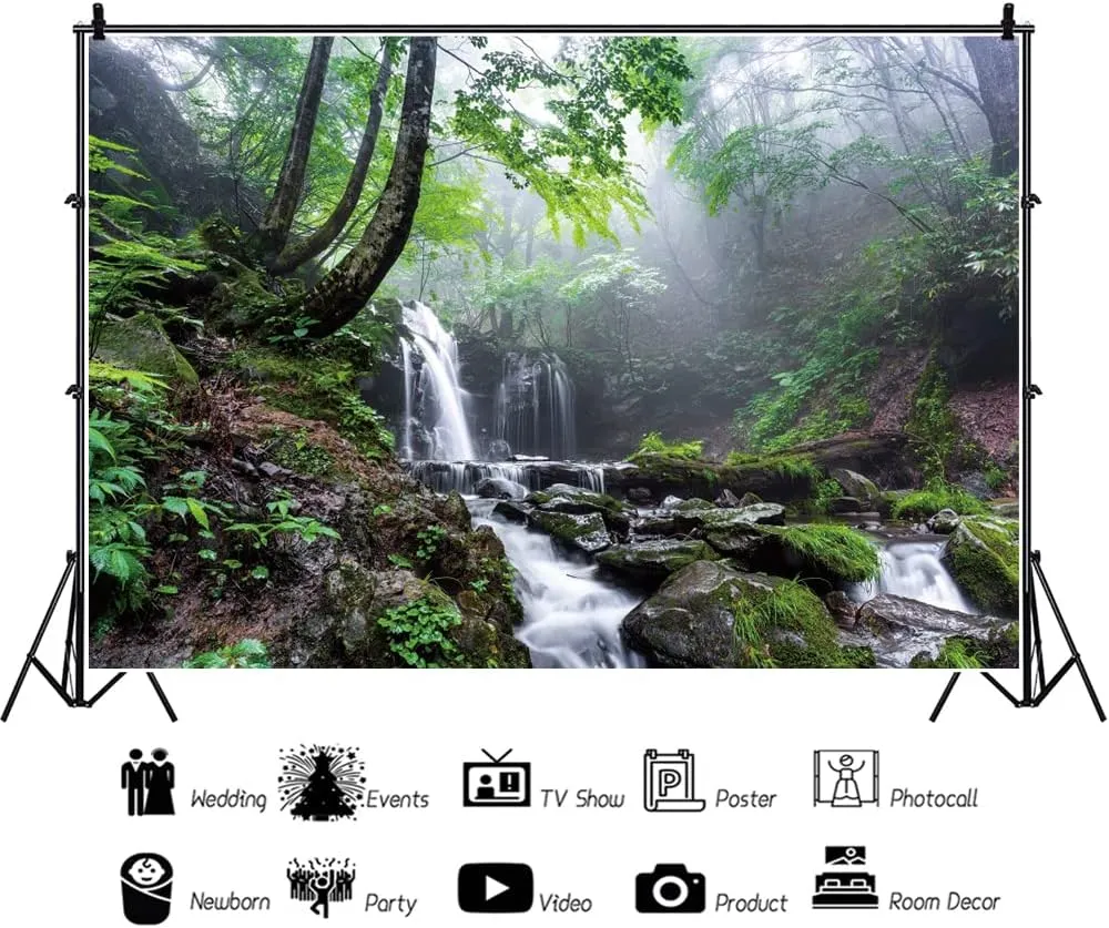Leyiyi 10x6.5ft Jungle Waterfall Backdrop Tropical Rainforest Natural Scenery Background for Photography Misty Old Forest Rock Flowing Stream Spring Scenery Travel Theme Photo Shoot Photo Studio Props