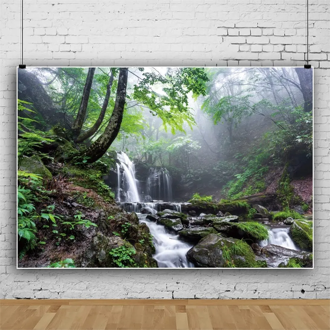 Leyiyi 10x6.5ft Jungle Waterfall Backdrop Tropical Rainforest Natural Scenery Background for Photography Misty Old Forest Rock Flowing Stream Spring Scenery Travel Theme Photo Shoot Photo Studio Props