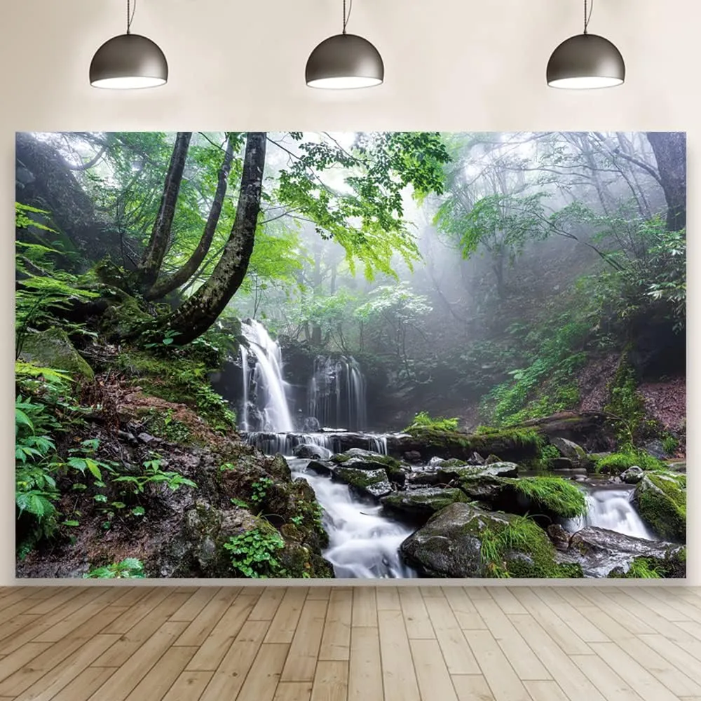 Leyiyi 10x6.5ft Jungle Waterfall Backdrop Tropical Rainforest Natural Scenery Background for Photography Misty Old Forest Rock Flowing Stream Spring Scenery Travel Theme Photo Shoot Photo Studio Props