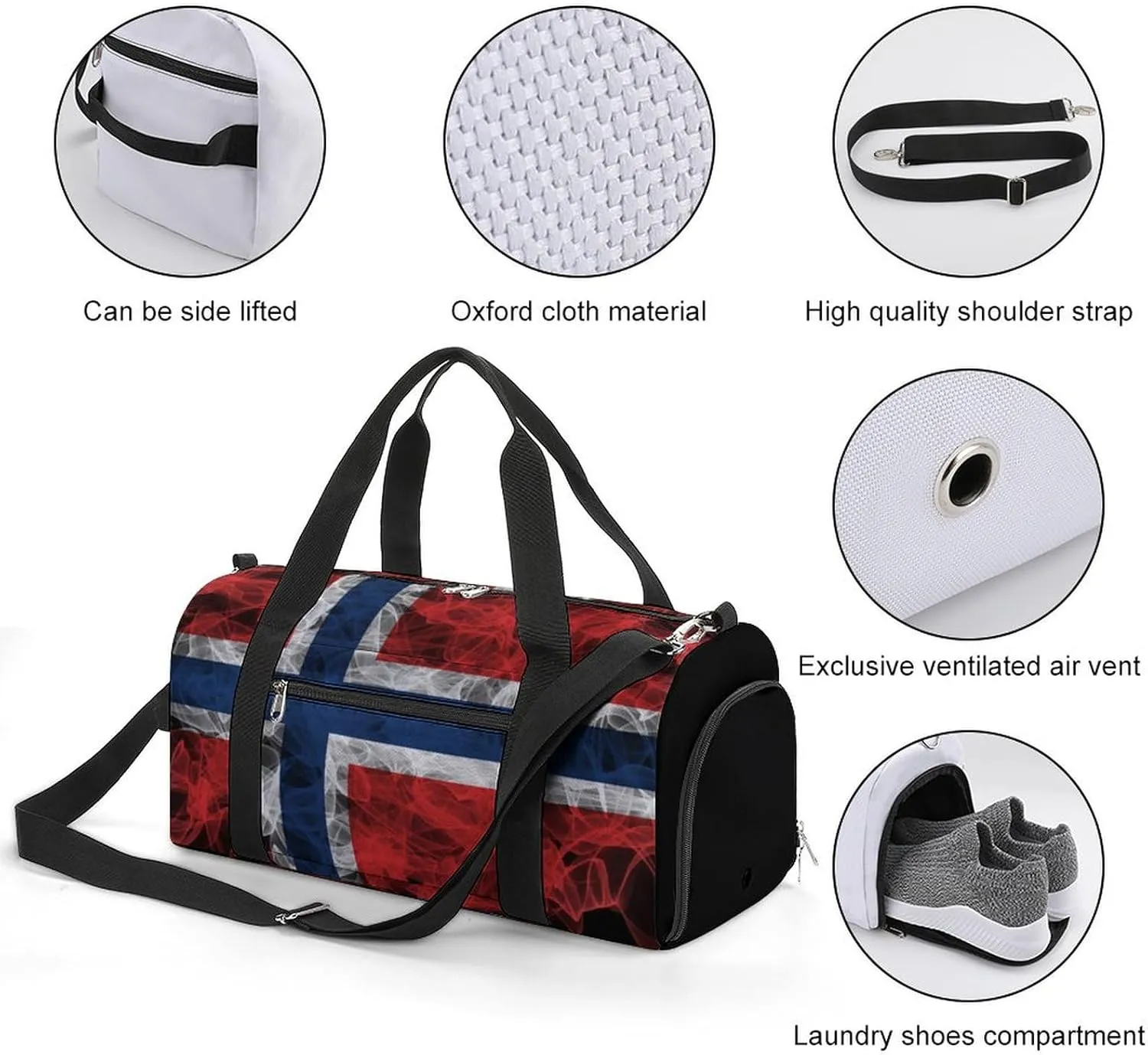 Lightweight Norway Flag Smoke Style Duffle Bag with Shoe Compartment and Wet Pocket for Gym