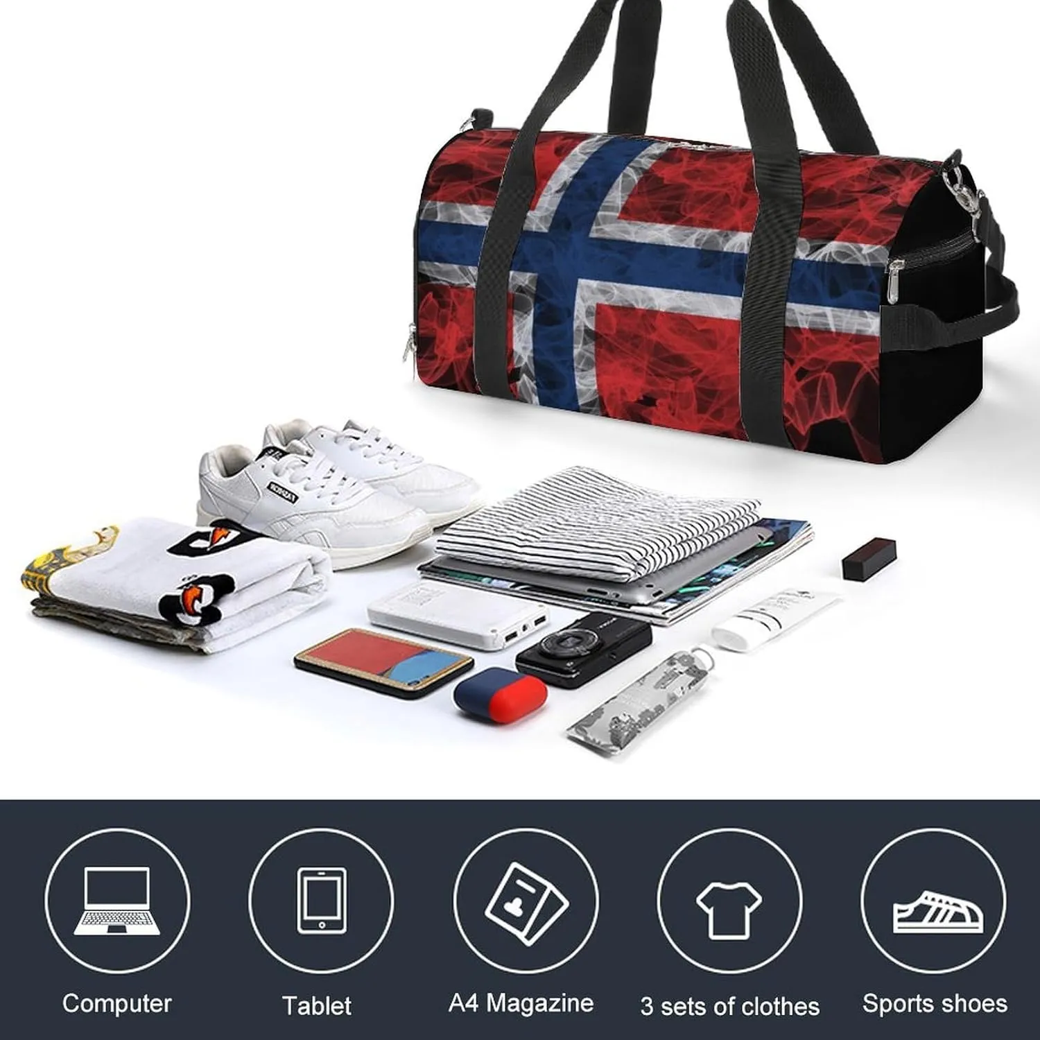 Lightweight Norway Flag Smoke Style Duffle Bag with Shoe Compartment and Wet Pocket for Gym