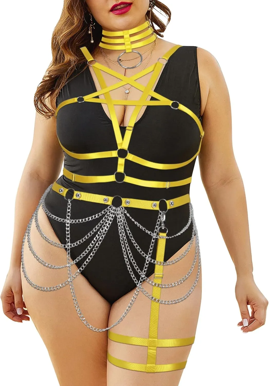 Lingerie cage Garter belts ​set Full body chain harness for women Gothic Large size Plus size Plump Festival Rave Bra