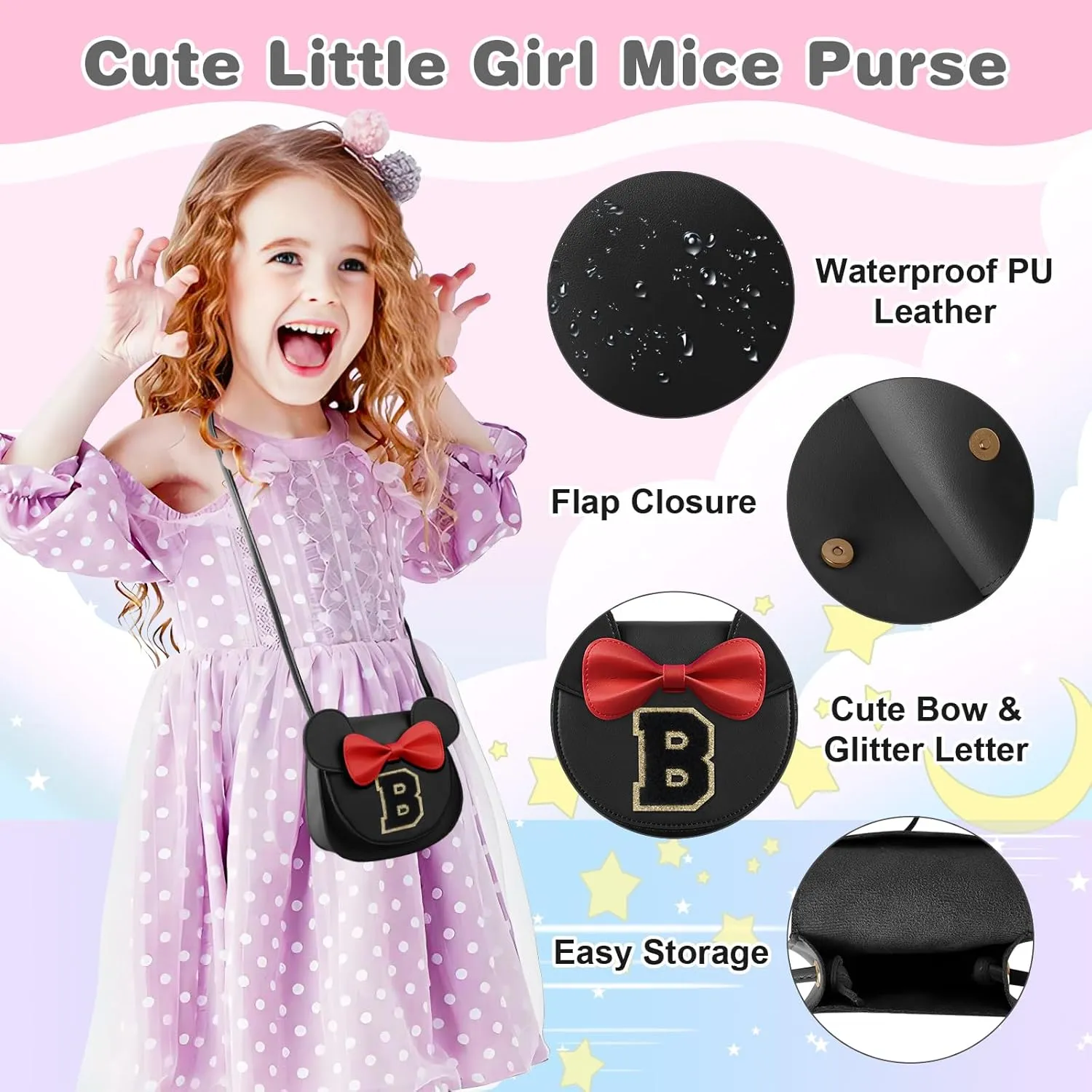 Little Girl Toddler Purse - Cute Mouse Ear Bow Crossbody Bag for 2-8 Year Olds - Birthday Gift
