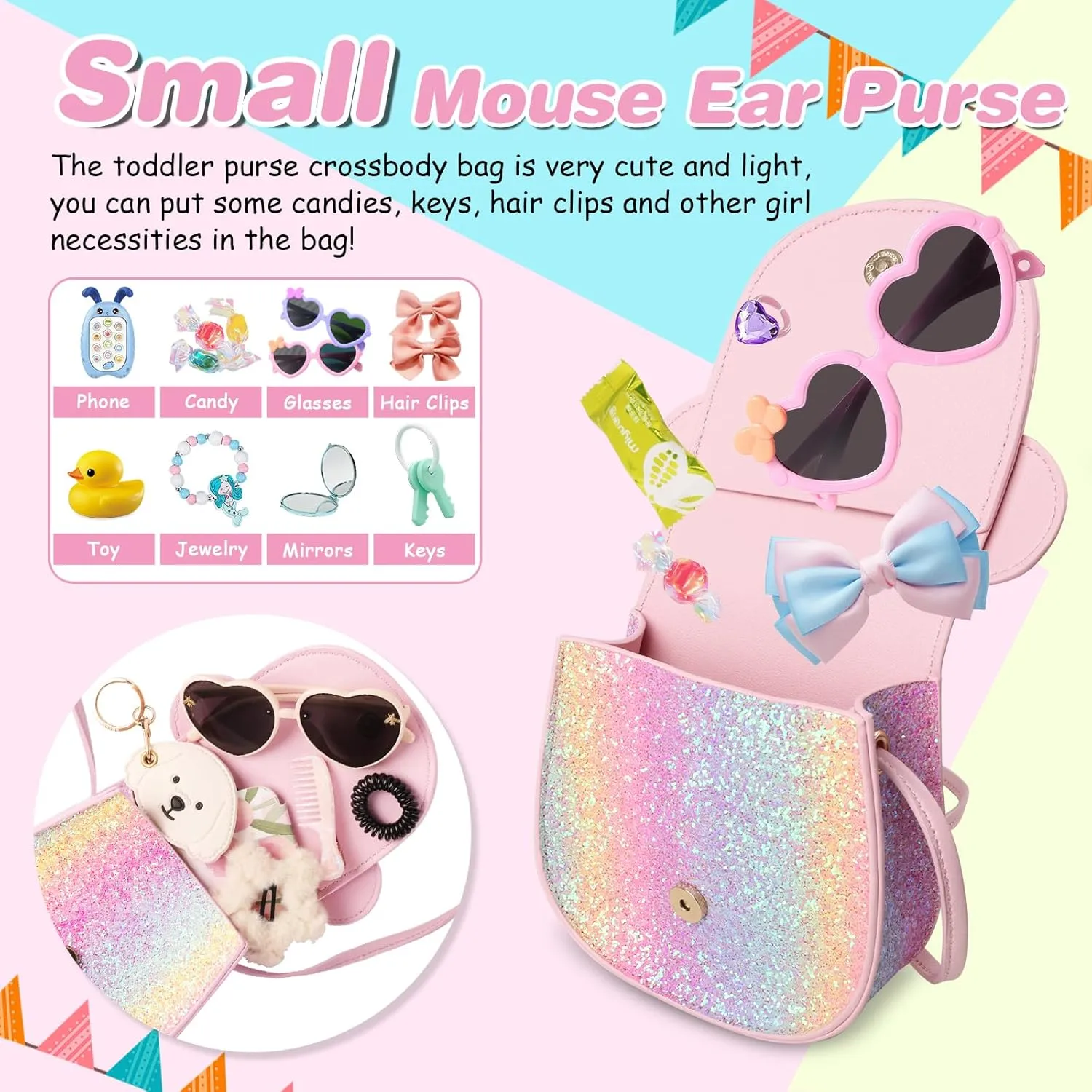 Little Girl Toddler Purse - Cute Mouse Ear Bow Crossbody Bag for 2-8 Year Olds - Birthday Gift