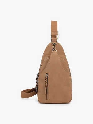 M2342SDE Nikki Faux Suede Dual Compartment Sling Pack Bag: Tan